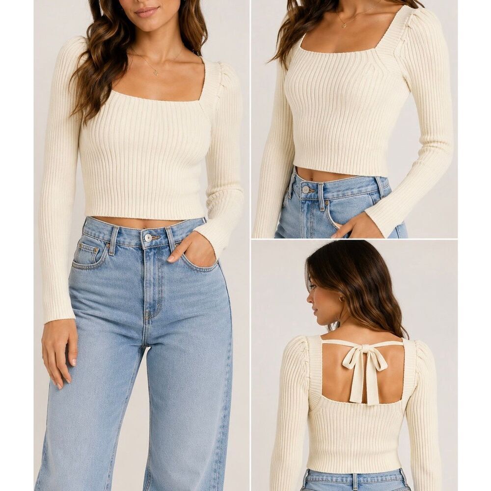 Forever 21 Cream Ribbed Knit Tie Back Sweater Top Medium Cottagecore